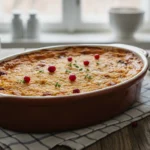 Bataattilaatikko, uunissa paistettu makea bataattilaatikko, jossa on karamellisoitunut pinta ja pehmeä, samettinen rakenne, tarjoiltuna vuoassa.