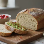 Gluteeniton leipä, jossa on rapea kuori ja pehmeä, vaalea sisus, viipaloituna puulaudalla.