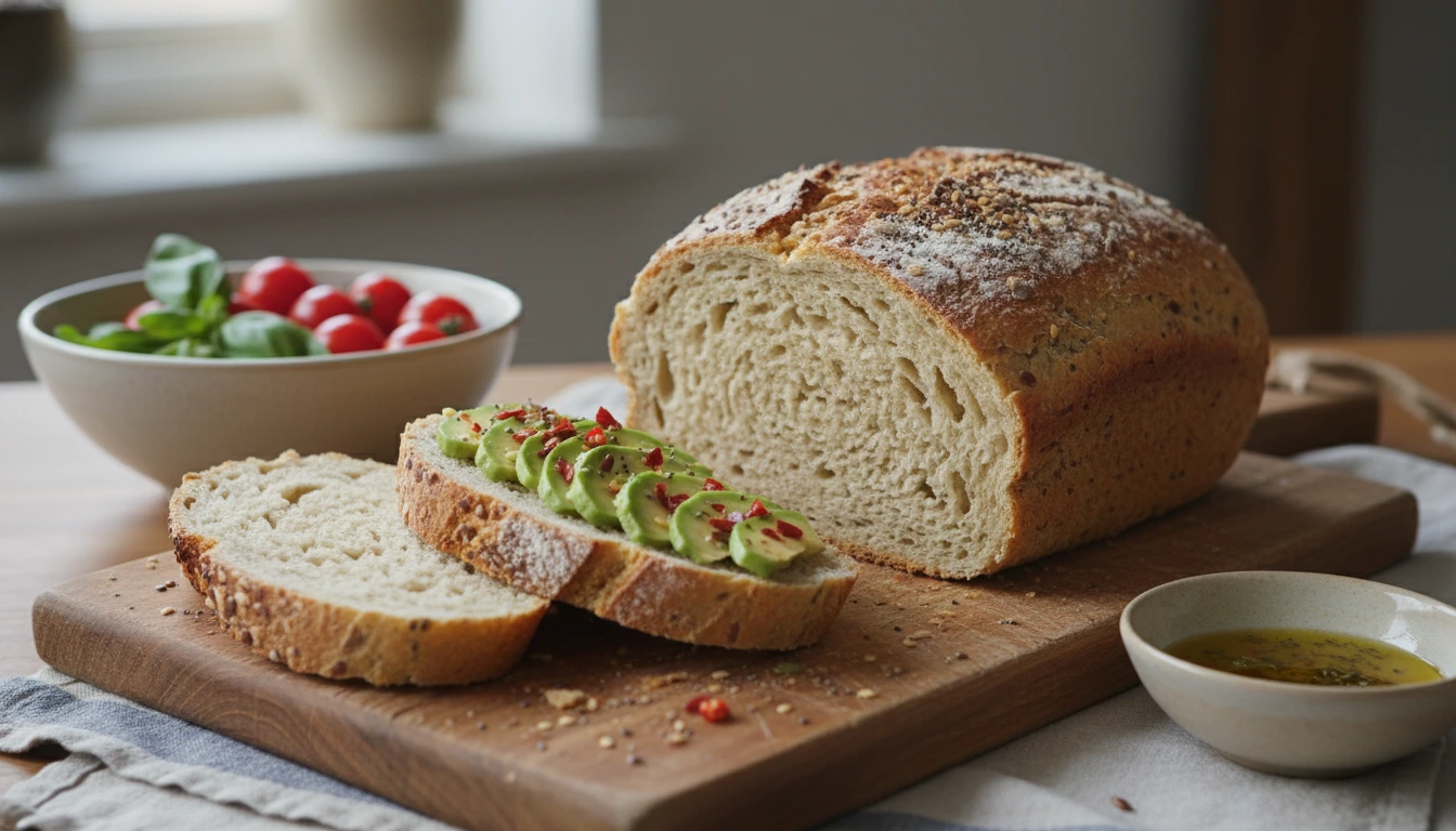 Gluteeniton leipä, jossa on rapea kuori ja pehmeä, vaalea sisus, viipaloituna puulaudalla.