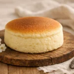 apanilainen juustokakku leikkuulaudalla, pehmeä ja huokea rakenne näkyvillä, vieressä kulho vadelmia ja kahvikuppi, valkoinen lautanen