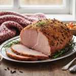 Kokonainen kinkun paisto uunivuoassa, kiiltävä marmeladikuorrute pinnassa