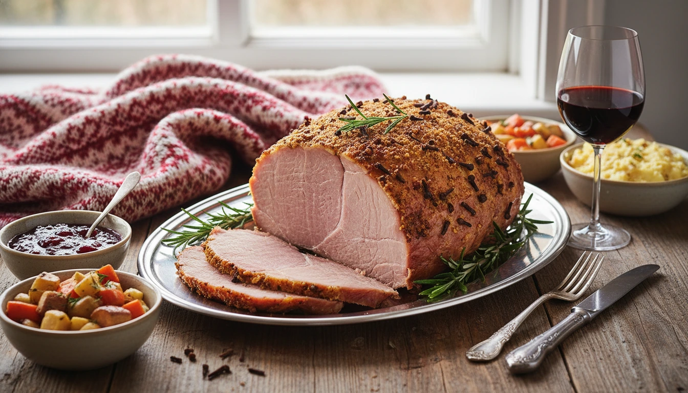 Kokonainen kinkun paisto uunivuoassa, kiiltävä marmeladikuorrute pinnassa