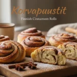 Kotitekoisia korvapuusteja puisella leikkuulaudalla, kultaruskeita kanelipullia hiven sokeria pinnalla, vieressä kahvikuppi ja kanelitanko