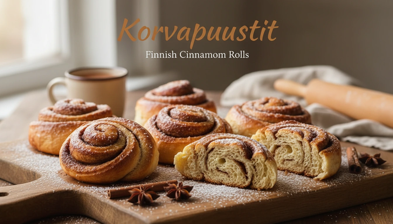 Kotitekoisia korvapuusteja puisella leikkuulaudalla, kultaruskeita kanelipullia hiven sokeria pinnalla, vieressä kahvikuppi ja kanelitanko