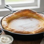 Kullanruskea pannukakku uunipellillä, päällä tuoreita mustikoita ja tomusokeria