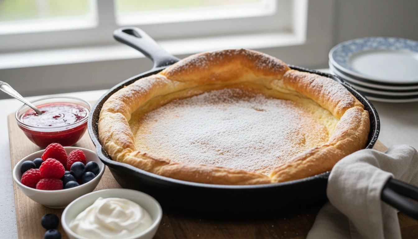 Kullanruskea pannukakku uunipellillä, päällä tuoreita mustikoita ja tomusokeria