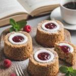 Runebergin tortut valkoisella lautasella, vaaleanruskeat pienet kakut vadelmahillolla ja sokerikuorrutteella päällystettynä, kahvikuppi vieressä, rustiikki puinen tausta