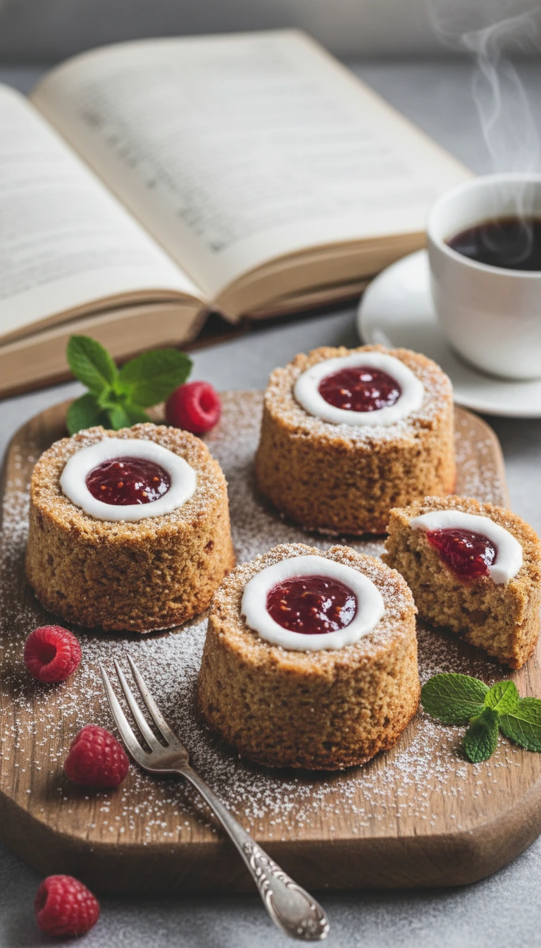 Runebergin tortut valkoisella lautasella, vaaleanruskeat pienet kakut vadelmahillolla ja sokerikuorrutteella päällystettynä, kahvikuppi vieressä, rustiikki puinen tausta