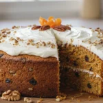 Terveellinen porkkanakakku tuorejuustokuorrutuksella ja haatuilla saksanpähkinöillä, pyöreässä vuoassa