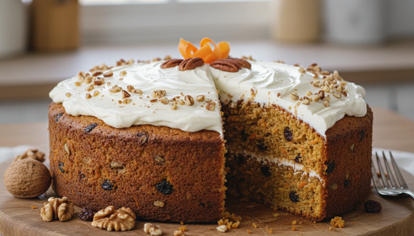 Terveellinen porkkanakakku tuorejuustokuorrutuksella ja haatuilla saksanpähkinöillä, pyöreässä vuoassa