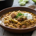 Kaalipata -keitto syvässä lautasessa, mehevää kaalia ja jauhelihaa ruskeassa liemessä, vieressä tuoretta leipää ja voita, puinen pöytä