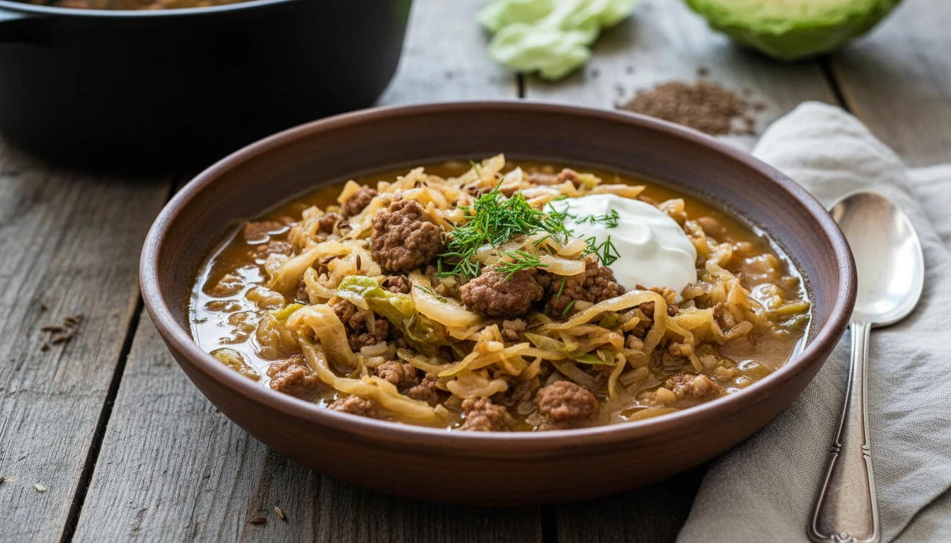 Kaalipata -keitto syvässä lautasessa, mehevää kaalia ja jauhelihaa ruskeassa liemessä, vieressä tuoretta leipää ja voita, puinen pöytä