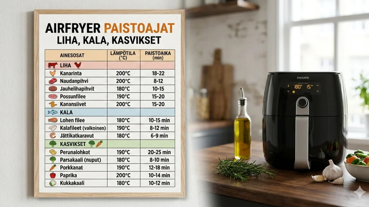 Airfryer paistoajat taulukko lihalle, kalalle ja kasviksille