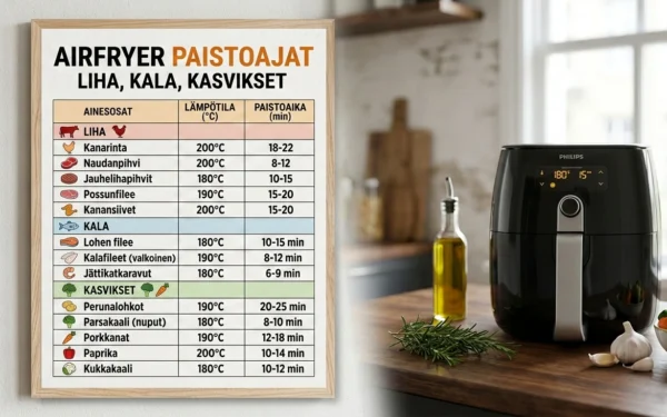 Airfryer paistoajat taulukko lihalle, kalalle ja kasviksille
