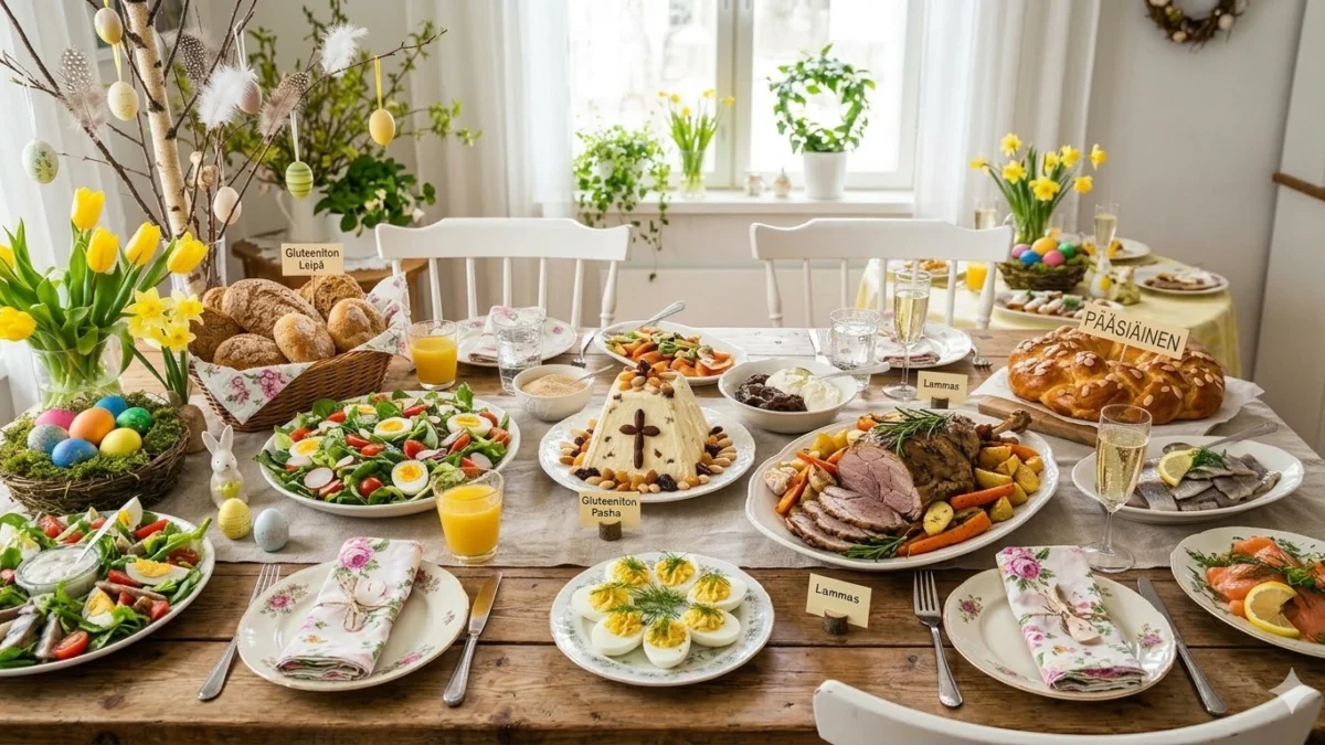 Gluteeniton pääsiäispöytä täynnä herkullisia ruokia