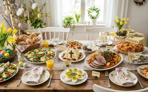Gluteeniton pääsiäispöytä täynnä herkullisia ruokia