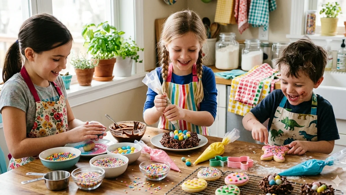 Lapset tekevät värikkäitä pääsiäisherkkuja keittiössä
