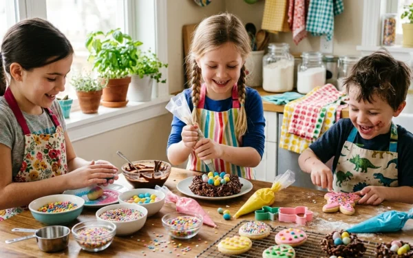 Lapset tekevät värikkäitä pääsiäisherkkuja keittiössä