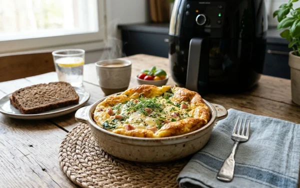 Mehevä munakas airfryerissa pienessä vuoassa, valmis tarjoiltavaksi