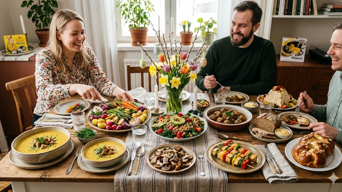 Vegaaninen pääsiäispöytä täynnä värikkäitä kasvispohjaisia ruokia