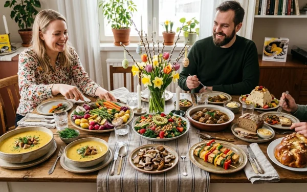 Vegaaninen pääsiäispöytä täynnä värikkäitä kasvispohjaisia ruokia