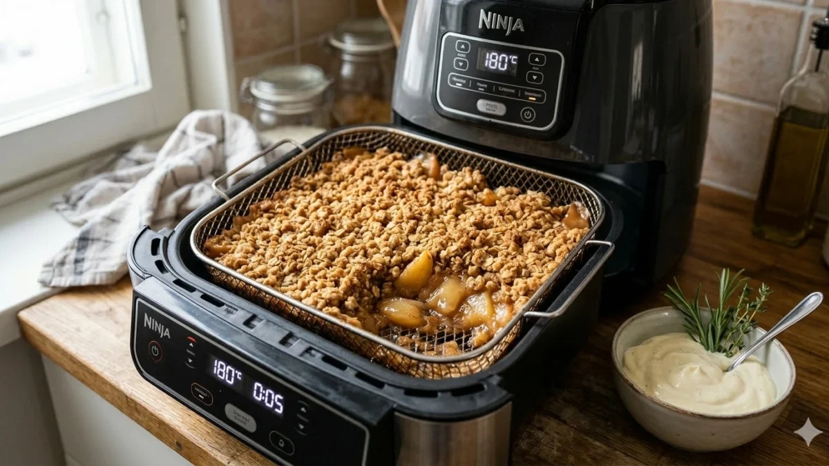 Kultainen omenapaistos airfryer-korissa pehmeän näköisenä ja houkuttelevana