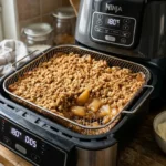 Kultainen omenapaistos airfryer-korissa pehmeän näköisenä ja houkuttelevana