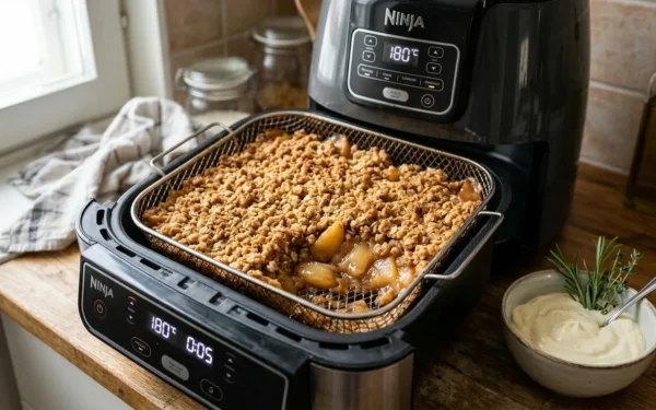 Kultainen omenapaistos airfryer-korissa pehmeän näköisenä ja houkuttelevana