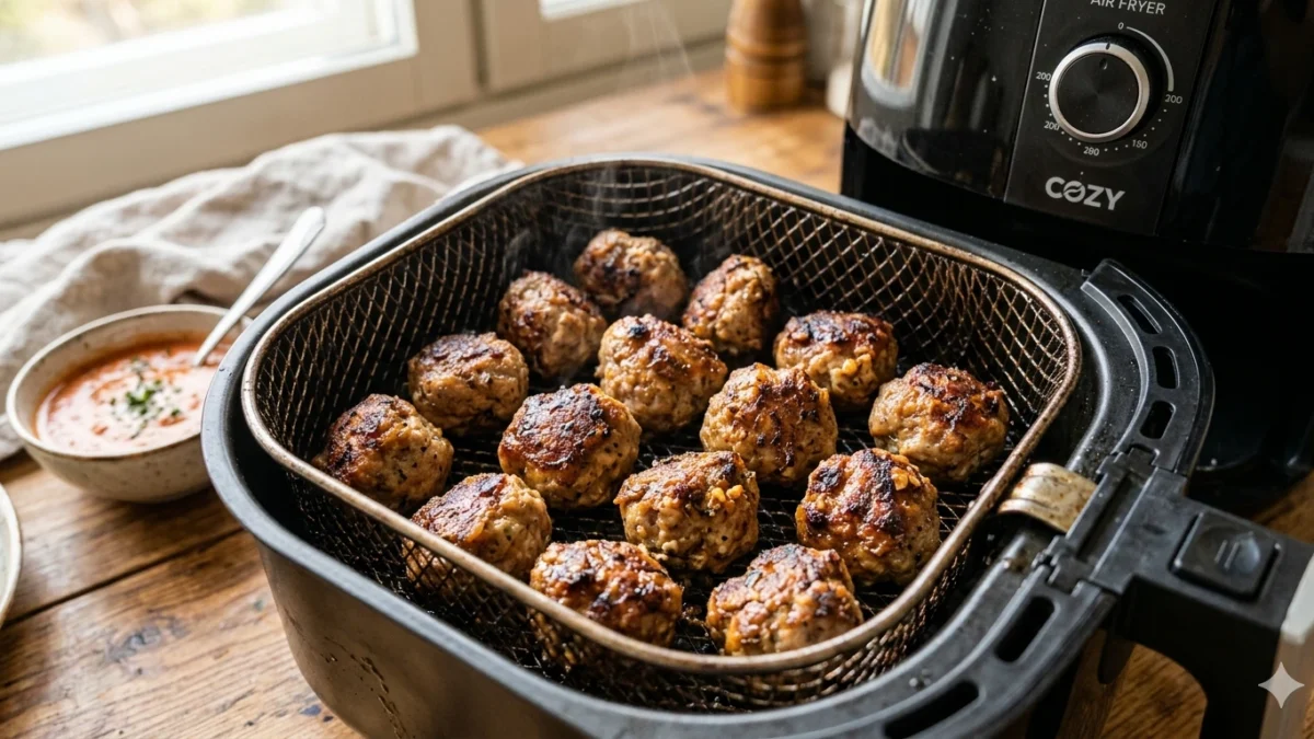 Tuoreita ruskeita lihapullia airfryer-korissa, paistuneita ja mehevän näköisiä