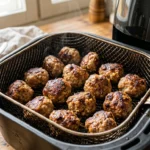 Tuoreita ruskeita lihapullia airfryer-korissa, paistuneita ja mehevän näköisiä