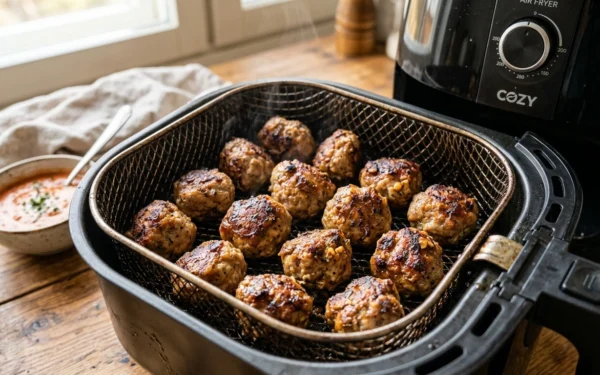 Tuoreita ruskeita lihapullia airfryer-korissa, paistuneita ja mehevän näköisiä