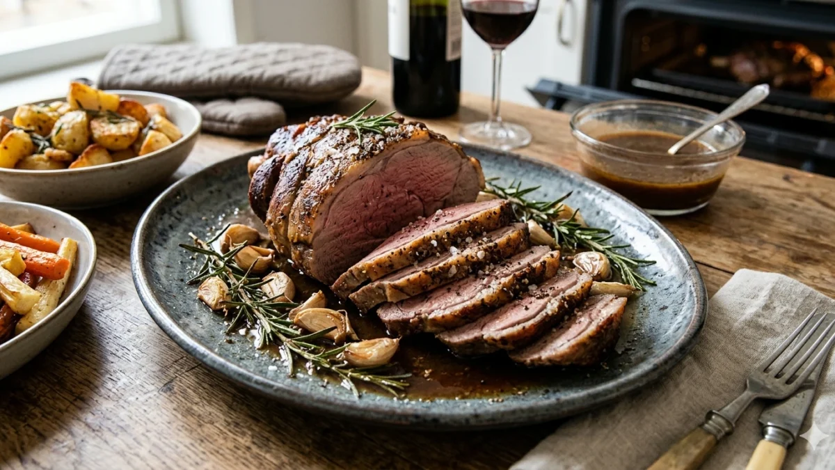 Mehevä lampaanpaisti uunissa – viipaloitu lampaanreisi rosmariinilla ja valkosipulilla tarjoiluvadilla
