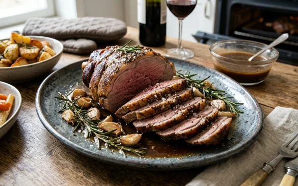 Mehevä lampaanpaisti uunissa – viipaloitu lampaanreisi rosmariinilla ja valkosipulilla tarjoiluvadilla