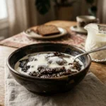 Kotitekoinen mämmi kulhossa kerman ja sokerin kanssa tarjoiltuna