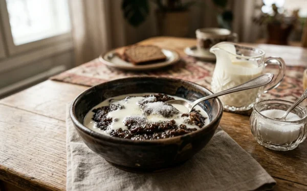 Kotitekoinen mämmi kulhossa kerman ja sokerin kanssa tarjoiltuna