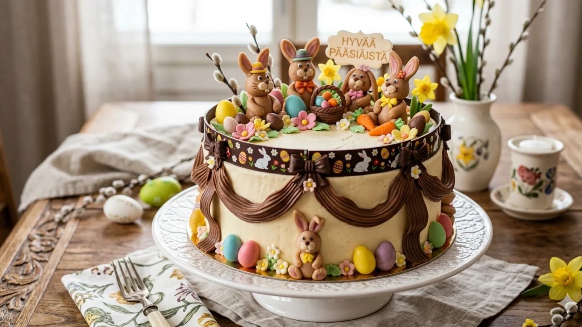 Kaunis pääsiäiskakku koristetuilla suklaateipillä ja marzipanipääsiäispupuilla