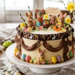 Kaunis pääsiäiskakku koristetuilla suklaateipillä ja marzipanipääsiäispupuilla