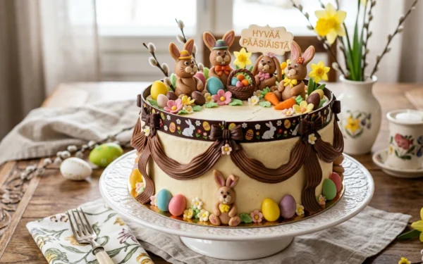 Kaunis pääsiäiskakku koristetuilla suklaateipillä ja marzipanipääsiäispupuilla
