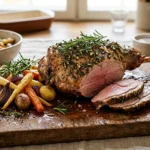 Uunissa kypsytetty pääsiäislammas leikkuulaudalla yrttien ja uunijuuresten kanssa