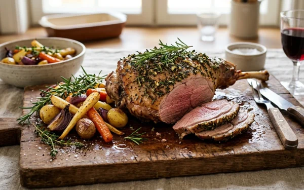 Uunissa kypsytetty pääsiäislammas leikkuulaudalla yrttien ja uunijuuresten kanssa