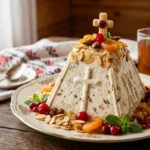 Perinteinen pasha pyramidin muotoisena lautasella koristeltuna hedelmillä ja mantelilastuilla