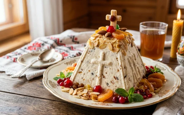 Perinteinen pasha pyramidin muotoisena lautasella koristeltuna hedelmillä ja mantelilastuilla